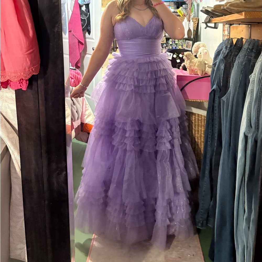 Lavender Ruffled Tulle Prom Dress